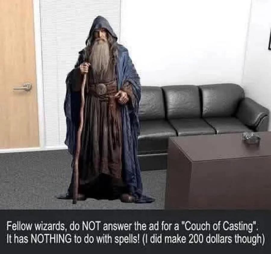 Gandalf the Grey awkwardly standing next to the iconic casting couch in an office setting, warning fellow mages that the "Couch of Casting" isn't for spellwork in a funny d&d meme.