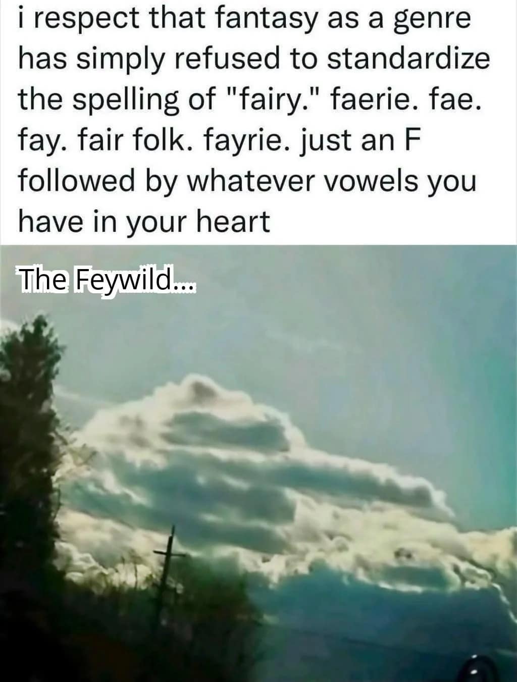A fantasy linguistics post acting as a d&d meme observing that the genre refuses to standardize the spelling of "faerie" or "fae," paired with a cloudy sky titled "The Feywild."