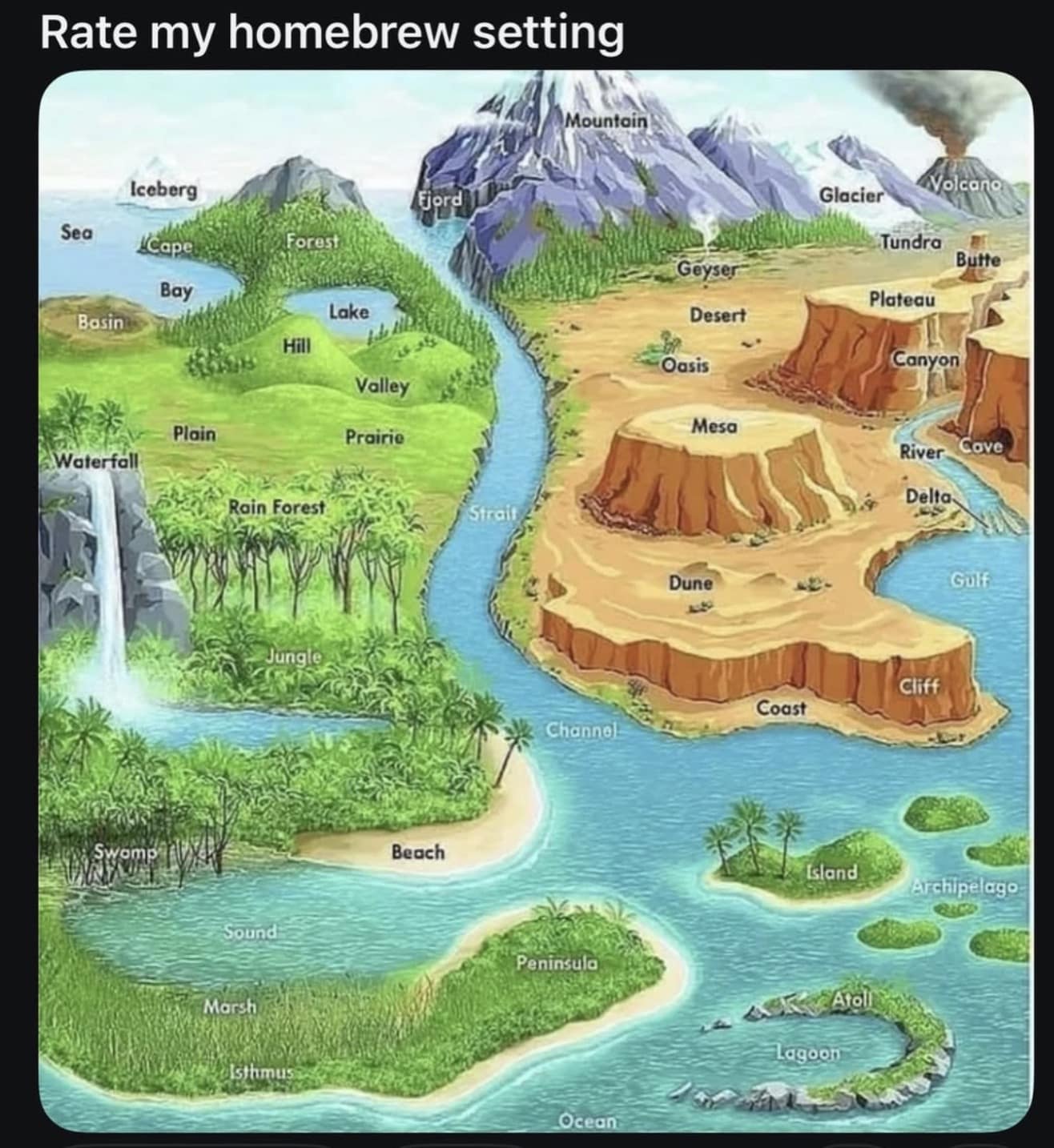 A lazy campaign design dnd meme displaying an elementary school geography poster crammed with every landform—fjords, mesas, rainforests, and glaciers—captioned "Rate my homebrew setting."