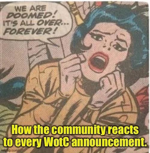 Dramatic retro comic book panel of a woman panicking about impending doom, poking fun at tabletop community reactions to publisher policy changes in a sharp dnd meme.