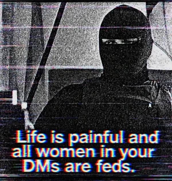 Dark glitchy meme image featuring a person wearing a ski mask with funny cynical text.