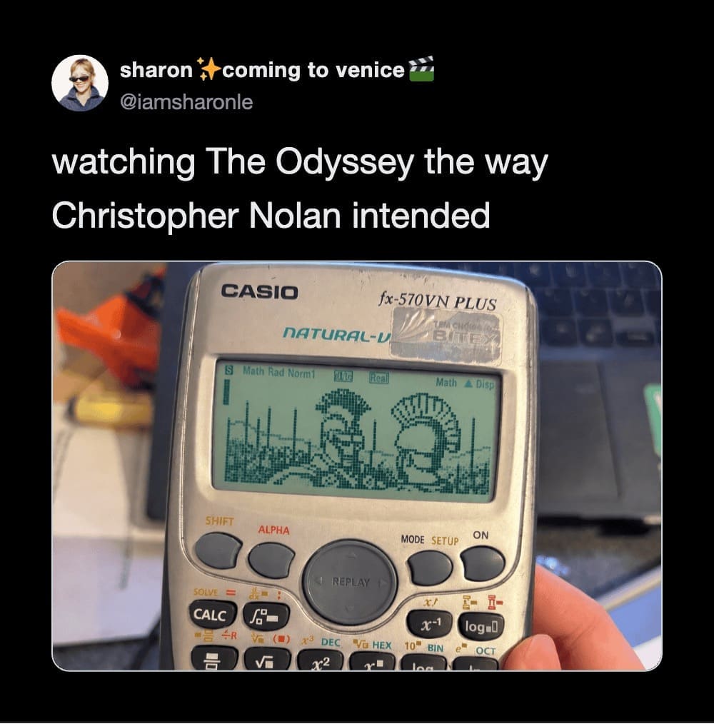 Casio calculator displaying pixel art scene from The Odyssey movie parody funny memes.