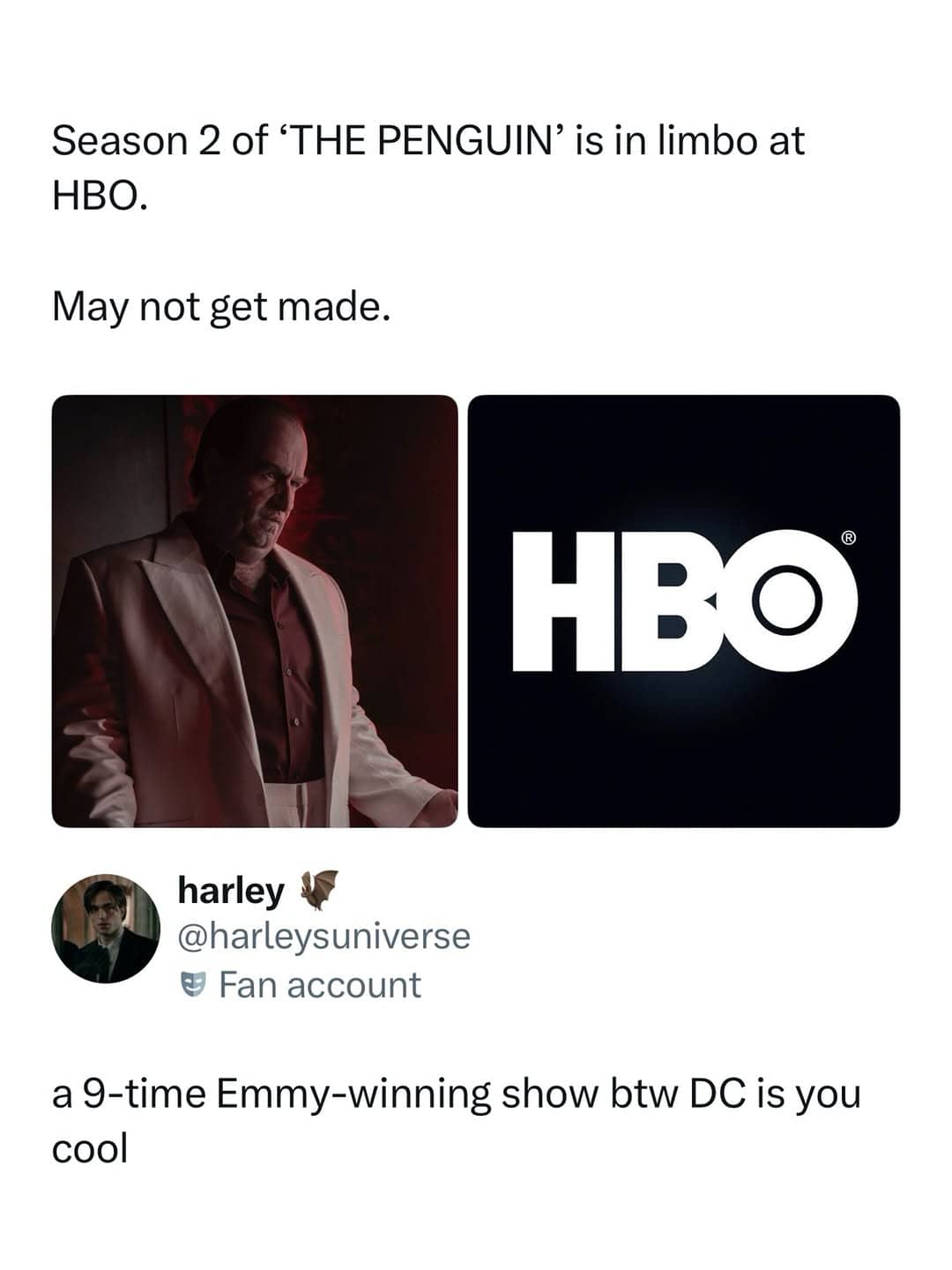 Tweet discussing funny rumors about HBO television show The Penguin season two cancellation status.