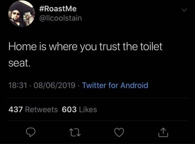 Short text tweet funny memes post stating home is where you trust the toilet seat.