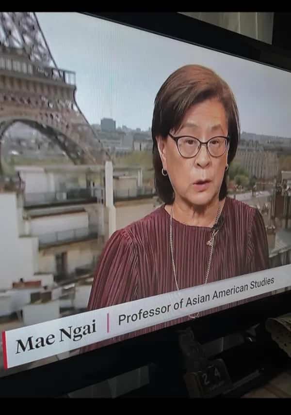 Funny memes screenshot of TV news broadcast presenting an Asian American Studies professor in Paris.