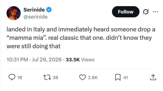 Funny memes tweet about landing in Italy and hearing someone say the phrase mamma mia.