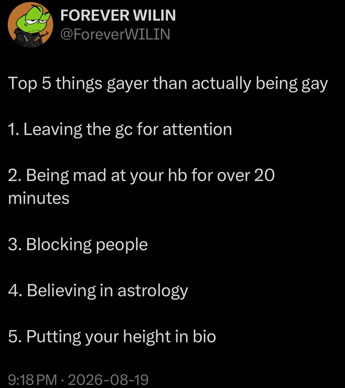 Funny memes social post listing silly relatable behavior jokes in bullet point format.