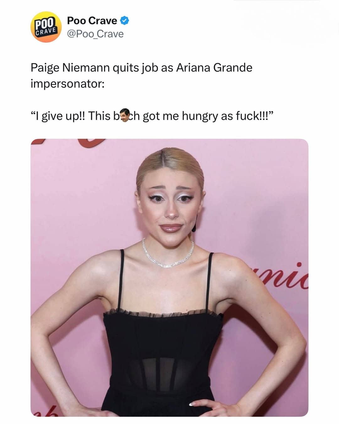 Viral tweet meme joking about an Ariana Grande impersonator giving up her job.