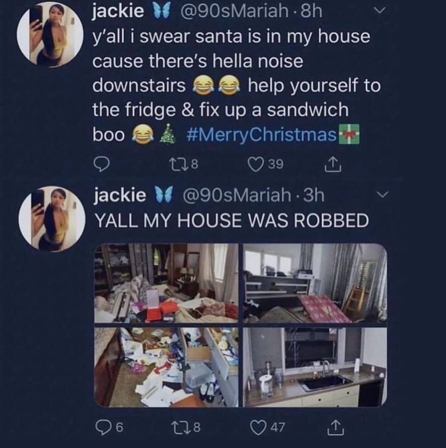 Twitter post thread showing someone mistaking a home burglary for Santa Claus visiting funny meme.