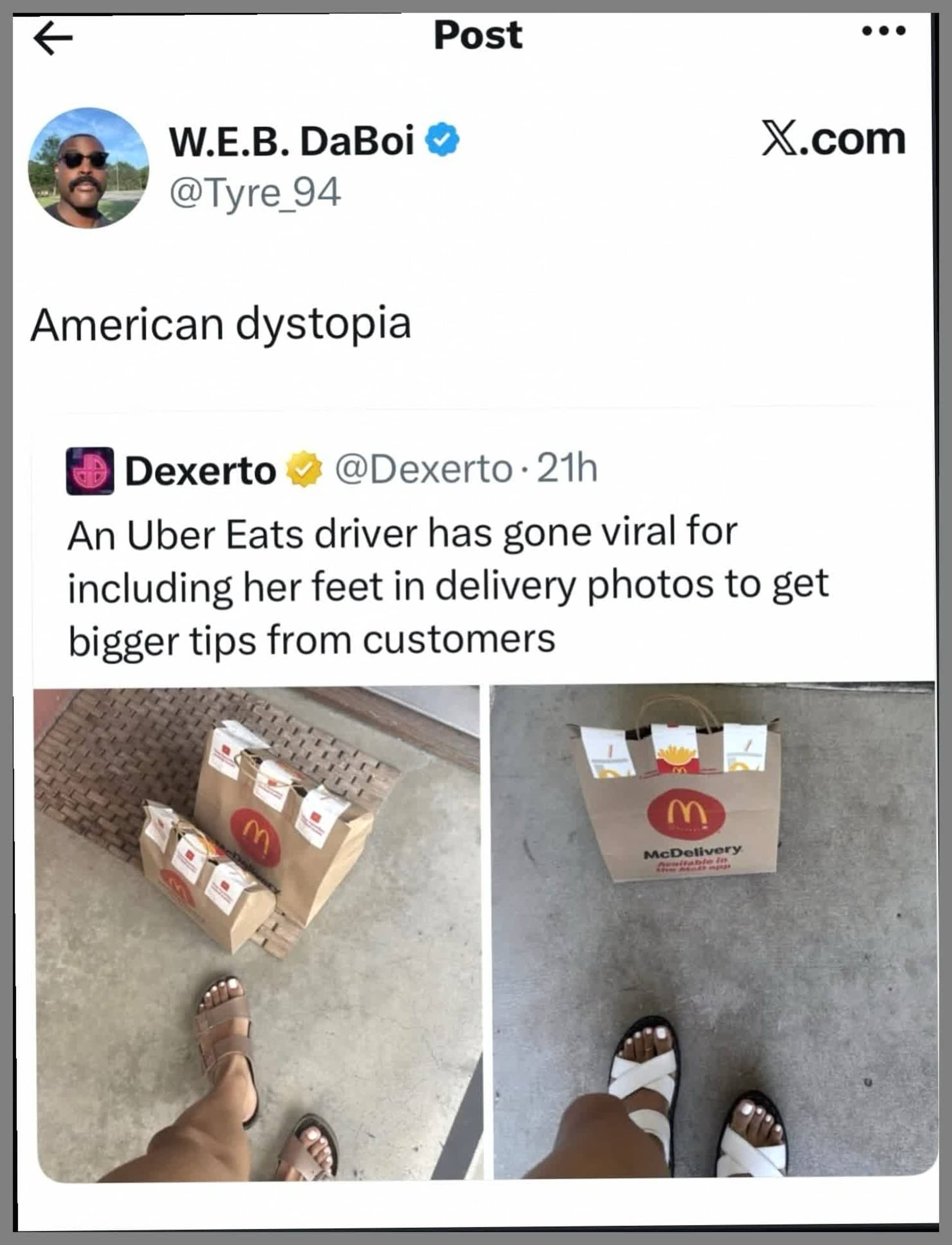 Dystopian meme post about an Uber Eats driver including feet in delivery photo.