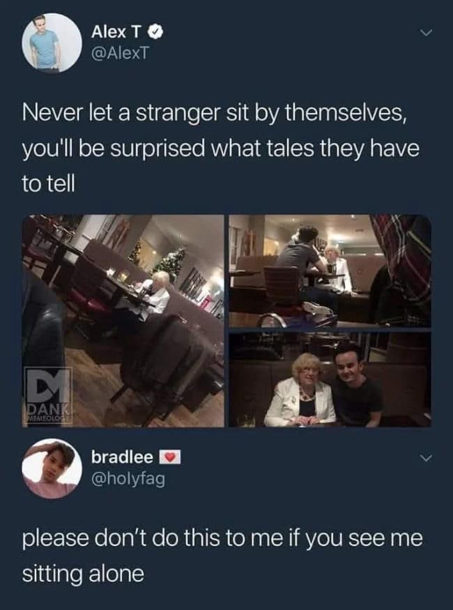 A social media contrast post acting as an introvert meme where a wholesome advice tweet about sitting with lonely strangers is met with an urgent plea to be left completely alone.