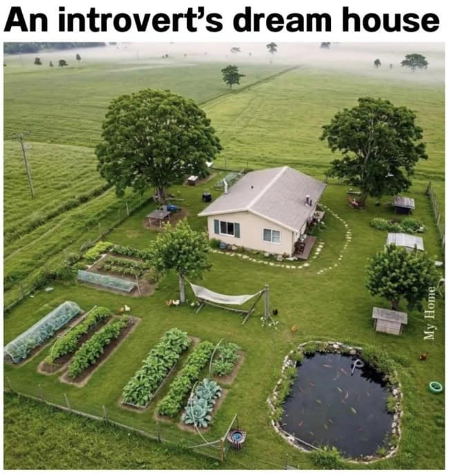 An idyllic aerial landscape functioning as an introvert meme showing a secluded cottage surrounded by gardens, a pond, and zero neighbors for miles.