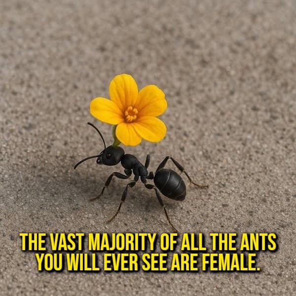 An educational insect biology random fact showing a tiny black ant carrying a bright yellow flower overhead, accompanied by text stating that the vast majority of ants encountered are female.