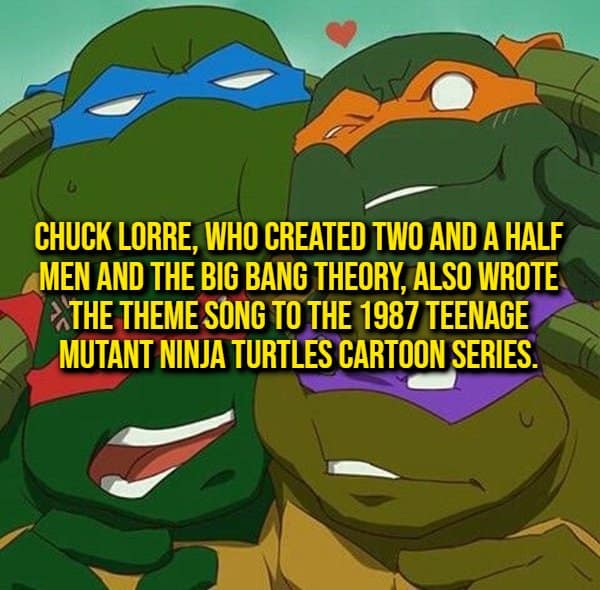 A pop-culture television random fact showing the Teenage Mutant Ninja Turtles under text revealing Chuck Lorre composed the iconic 1987 TMNT animated theme song.
