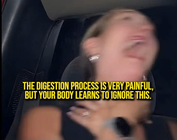 A terrifying human biology random fact featuring a motion-blurred woman screaming in terror while clutching her throat inside a car, captioned about digestion being secretly painful.