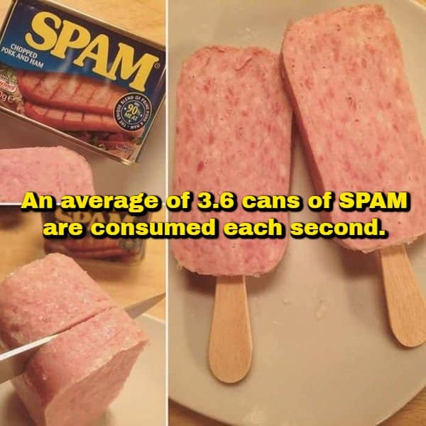 Unsettling food photos displaying blocks of canned meat served on wooden popsicle sticks like meat popsicles, carrying a statistical random fact revealing that 3.6 cans of SPAM are eaten every second.