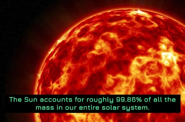 Close-up view of the Sun's fiery, solar-flaring surface, showcasing its gargantuan size holding 99.86% of all mass in the entire solar system.