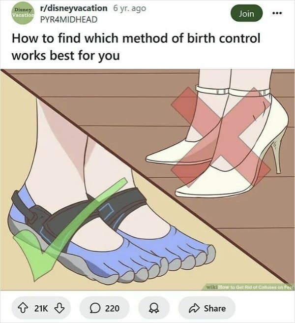 Five-finger toe sandals marked with a green checkmark beat out stylish high heels in a birth control rating wikihow meme.