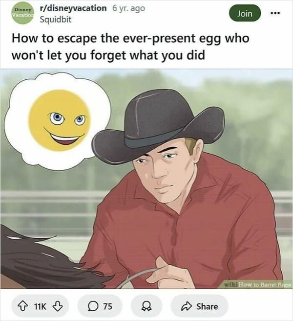 In this absurd wikihow meme, a cowboy in a brown hat gazes down sullenly while a thought bubble above him reveals a sinister fried egg with a malicious grin haunting his thoughts.