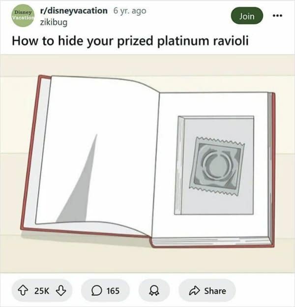 An open hardcover book reveals a hollowed-out secret compartment holding a single sealed condom wrapper in a classic wikihow meme re-captioned as hiding prized platinum ravioli.