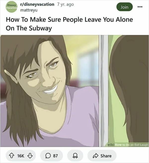 A woman flashes an unsettling, villainous grin into a mirror, perfectly capturing public transit defense tactics in a widely shared wikihow meme.
