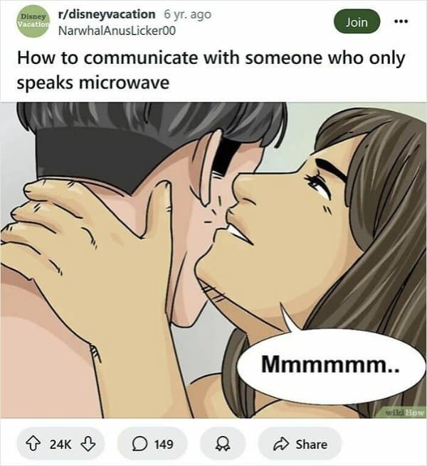 Embracing her partner tightly around the neck, a woman whispers a long 'Mmmmm..' into his ear in a humorous wikihow meme about appliance languages.