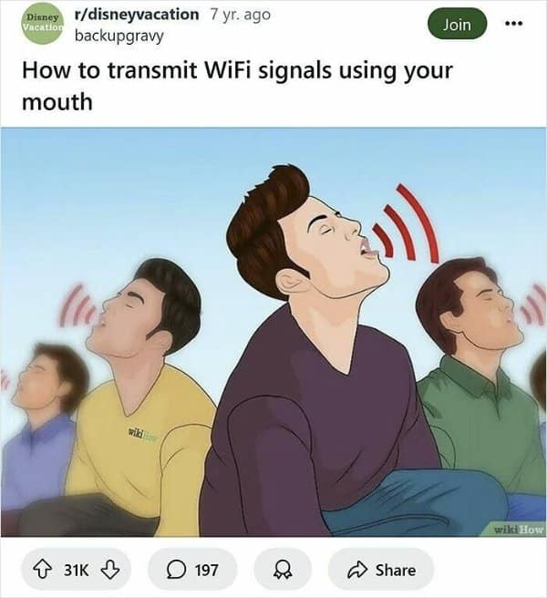 Four men tilting their heads back to beam red Wi-Fi signals straight out of their open mouths in an out-of-context wikihow meme.