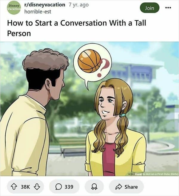 A girl initiating a conversation with a tall guy by picturing a basketball floating between them in a dates-and-relationships wikihow meme.