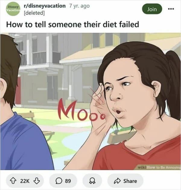 A woman cupping her hand around her mouth to whisper "Moo" directly behind a guy's head in a petty wikihow meme illustration.