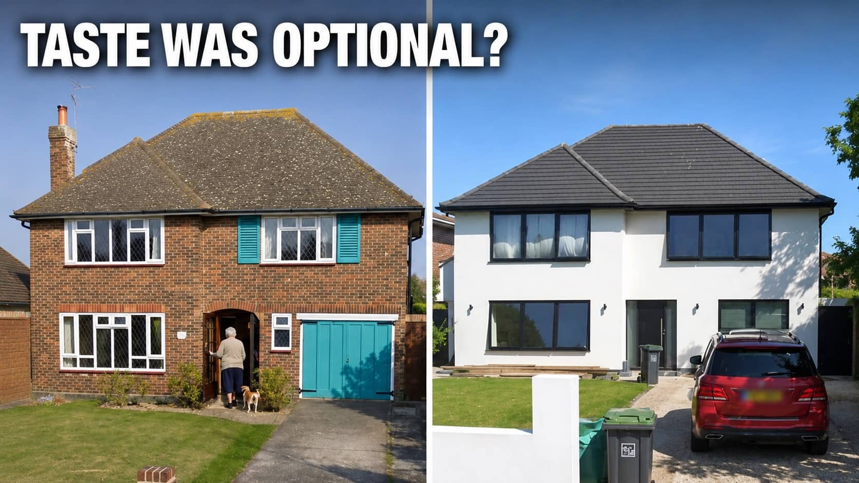 Before and after comparison of a suburban home remodel highlighting ugly renovations decisions.