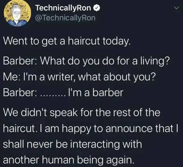 Tweet about asking a barber what they do for work during a haircut