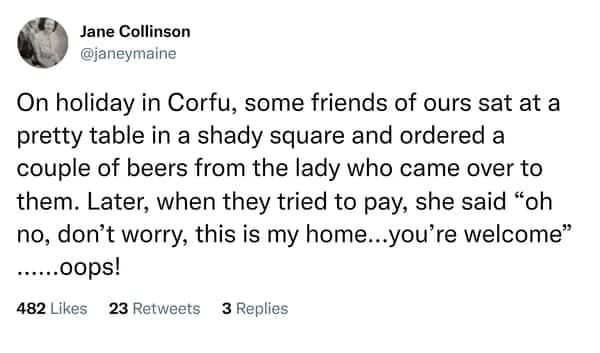 Tweet about friends in Corfu ordering beers from a woman who was actually at home