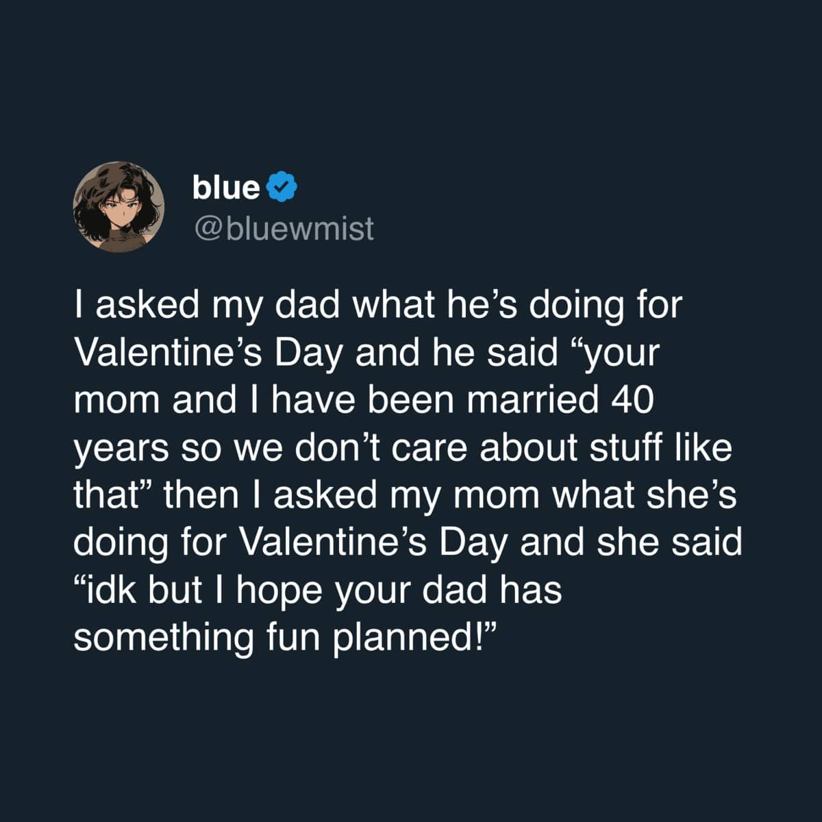 Tweet about parents married 40 years with very different expectations for Valentine's Day