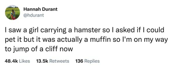 Second version of the tweet about mistaking a muffin for a pet hamster