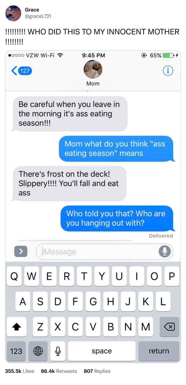 Tweet showing a mom texting a slang phrase to warn about a frosty, slippery deck
