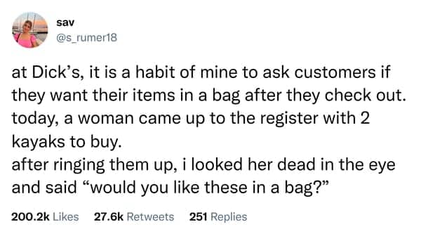 Tweet about a cashier asking if a customer wanted two kayaks in a bag