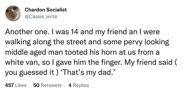 Tweet about flipping off a honking van driver who turned out to be a friend's dad