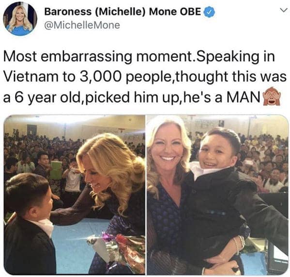 Tweet from Michelle Mone about picking up a man she mistook for a young child