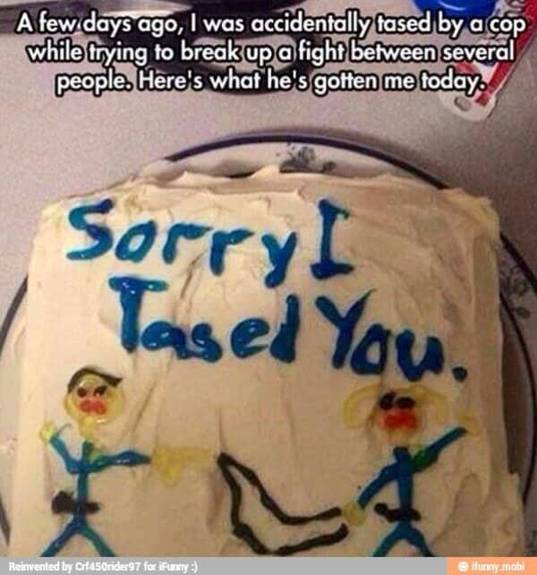 Frosted cake decorated with stick figures and the words sorry I tased you