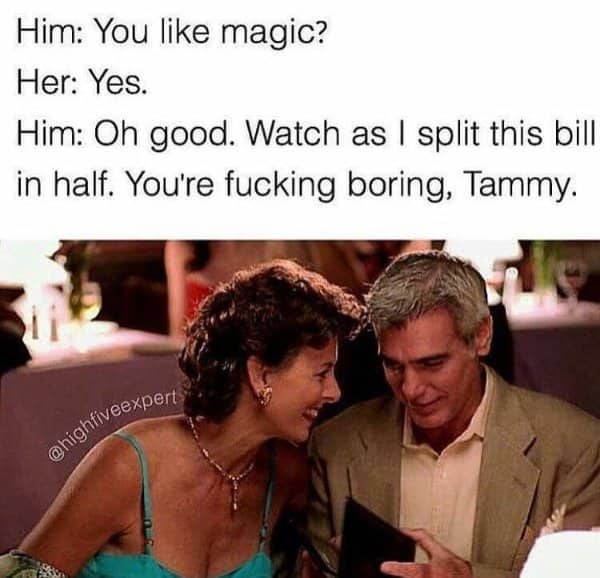 Couple laughing at a restaurant under a text joke about splitting the bill like a magic trick