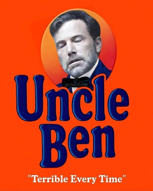 Parody rice box featuring a sad-faced actor in a bow tie labeled terrible every time
