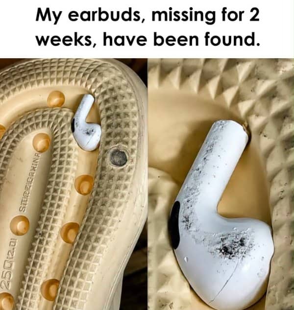 Missing earbud found pressed deep into the textured sole of a clog, badly scuffed