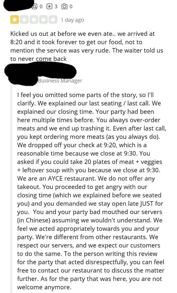 One-star review from bad restaurant customers answered by a manager's long, detailed reply.