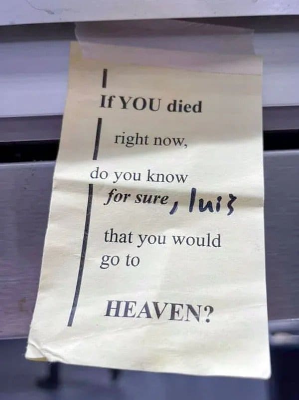 Religious tract left as a tip, with the server's name handwritten into the question.