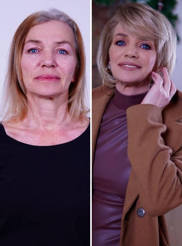 Glamorous before and after makeup makeover featuring a mature woman with a sweeping blonde blow-dry, vibrant eye makeup, and a stylish camel coat ensemble.