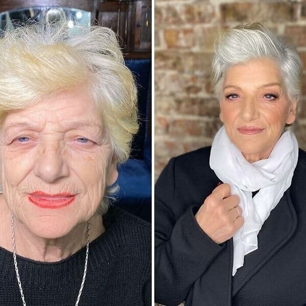 Elegant before and after makeup transformation of a senior woman evolving from messy white hair and a plain top to a polished silver quiff, soft glam makeup, and a white silk scarf.