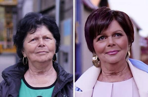 Radiant before and after makeup portrait of a mature woman transitioning from messy black hair to a sleek auburn pixie cut, soft pink lip, and statement gold earrings.