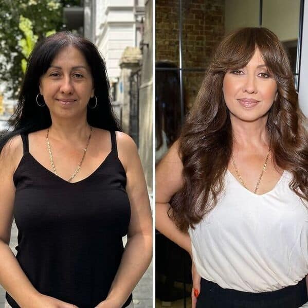 Stunning before and after makeup comparison of a middle-aged woman evolving from a simple black tank top to lush brunette curtain waves and glowing makeup.