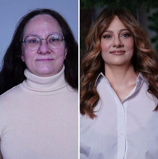 Flawless before and after makeup transformation showing a woman trading wire glasses and a turtleneck for soft caramel waves, glowing foundation, and a crisp white shirt.