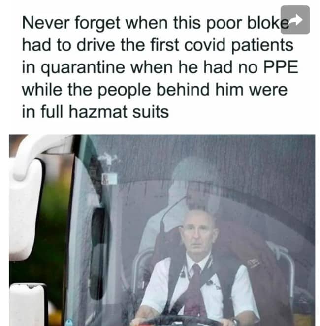 Meme about a UK coach driver without protective gear driving the first quarantined COVID patients